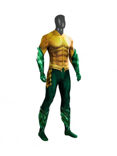 Aquaman Arthur Curry Gold Battle Suit Lycra Bodysuit Version Cosplay Costume Set Without Trident