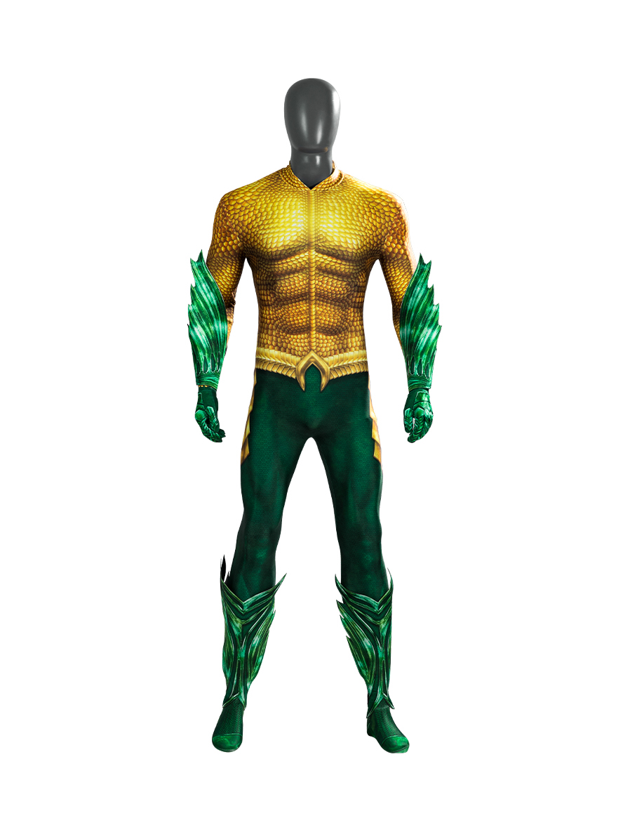 Aquaman Arthur Curry Gold Battle Suit Lycra Bodysuit Version Cosplay Costume Set Without Trident