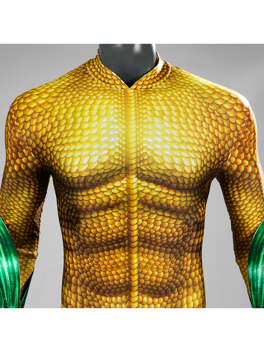 Aquaman Arthur Curry Gold Battle Suit Lycra Bodysuit Version Cosplay Costume Set Without Trident